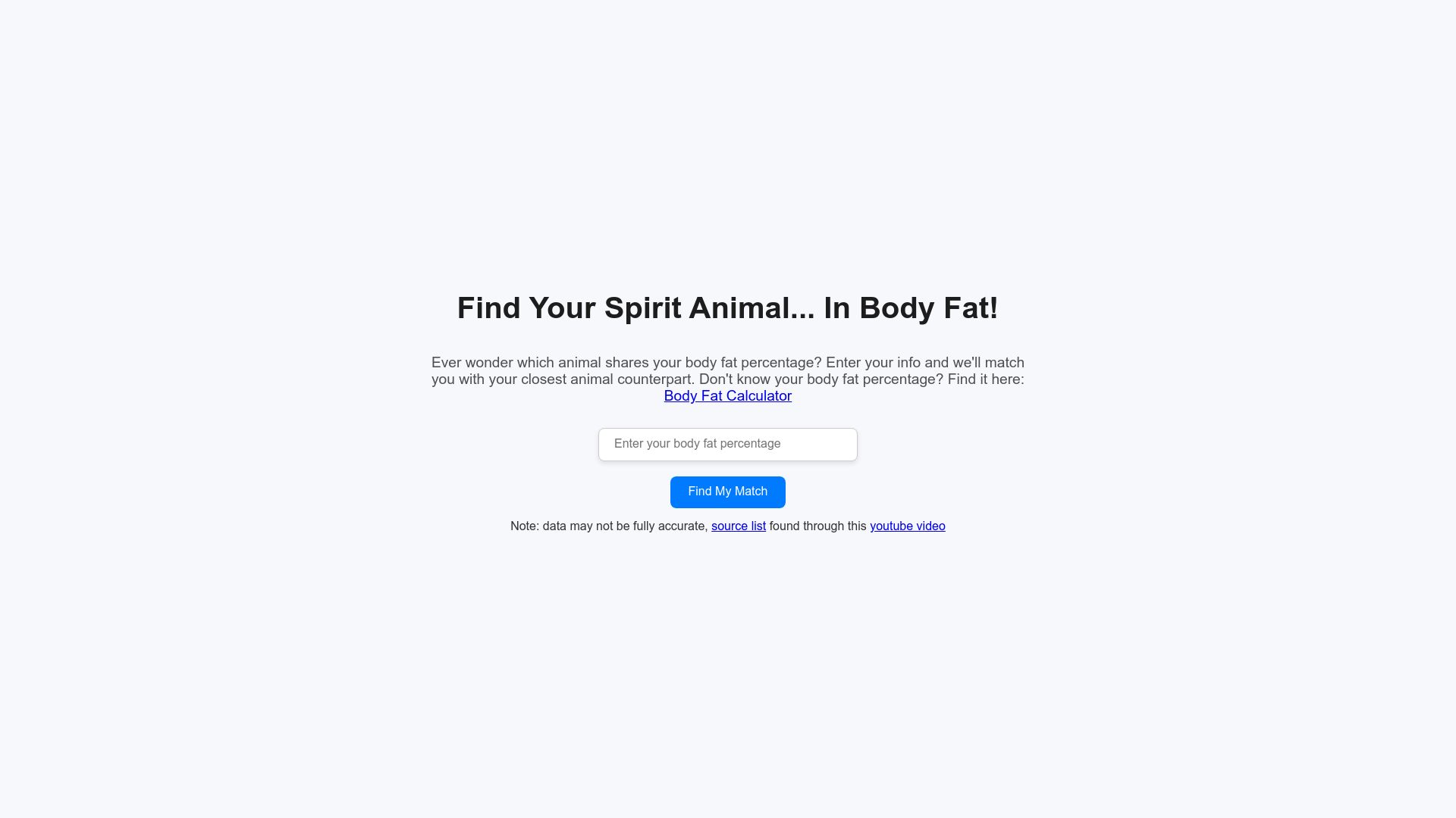 Screenshot of animalbodyfatmatch.netlify.app: Show HN: Which Animal Shares Your Body Fat Percentage?