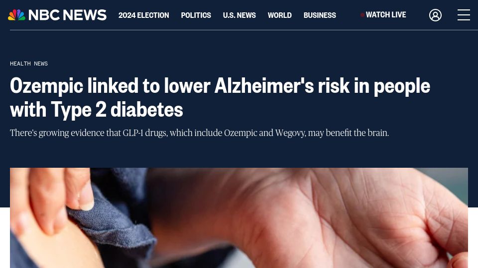 Screenshot of nbcnews.com: Ozempic linked to lower Alzheimer's risk in people with Type 2 diabetes