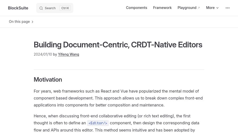 Screenshot of blocksuite.io: Building Document-Centric, CRDT-Native Editors