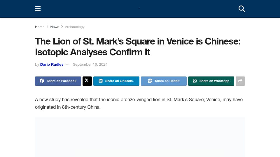 Screenshot of archaeologymag.com: The Lion of St. Mark's Square in Venice Is Chinese
