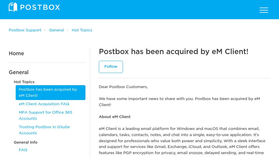 Screenshot of support.postbox-inc.com: Postbox has been acquired by eM Client