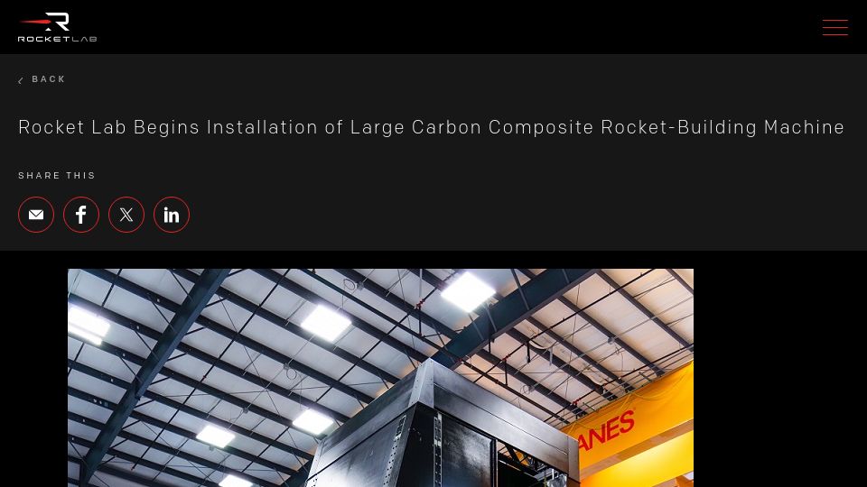 Screenshot of rocketlabusa.com: Rocket Lab Begins Installation of Large Carbon Composite Rocket-Building Machine