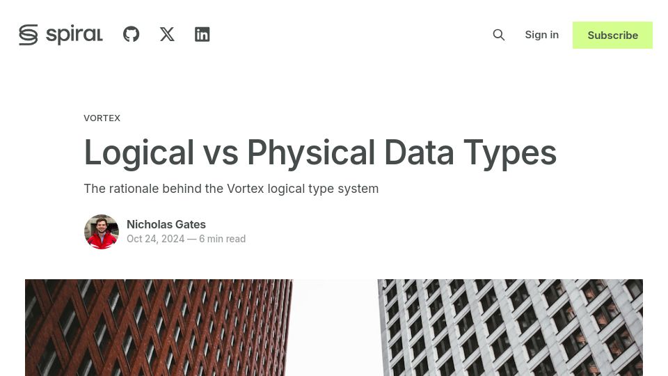 Screenshot of blog.spiraldb.com: Logical vs. Physical Data Types