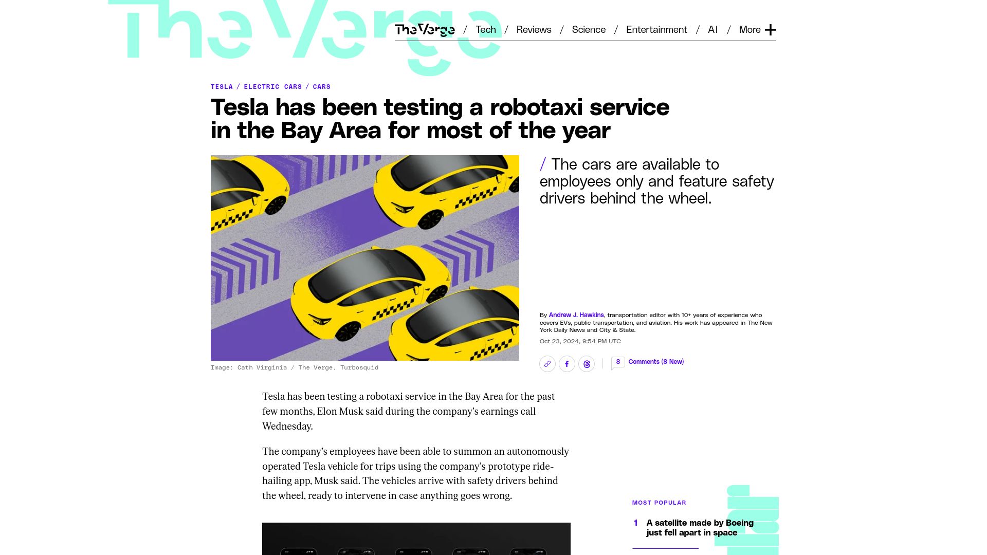 Screenshot of theverge.com: Tesla has been testing a robotaxi service in the Bay Area for most of the year