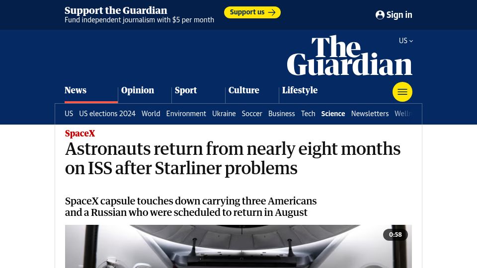 Screenshot of theguardian.com: Astronauts return from nearly eight months on ISS after Starliner problems