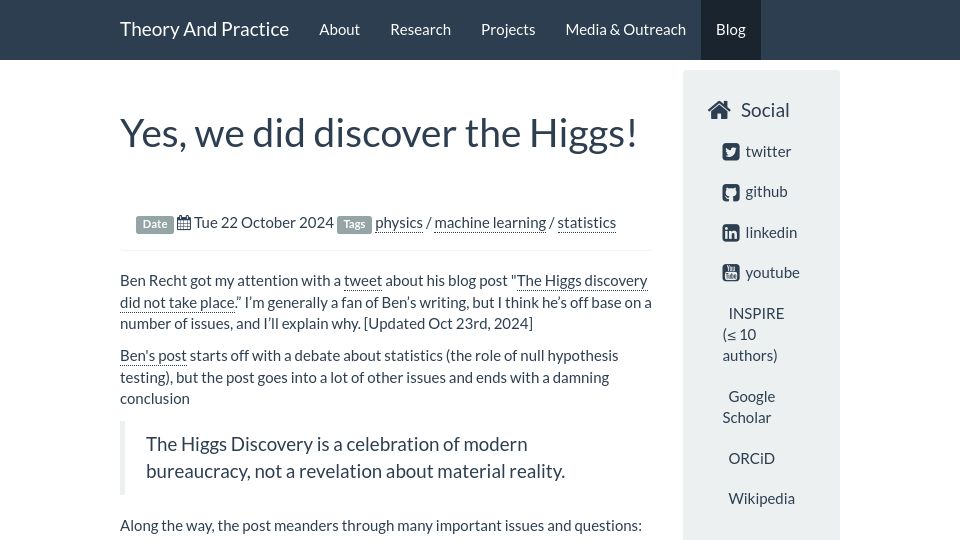 Screenshot of theoryandpractice.org: Yes, we did discover the Higgs