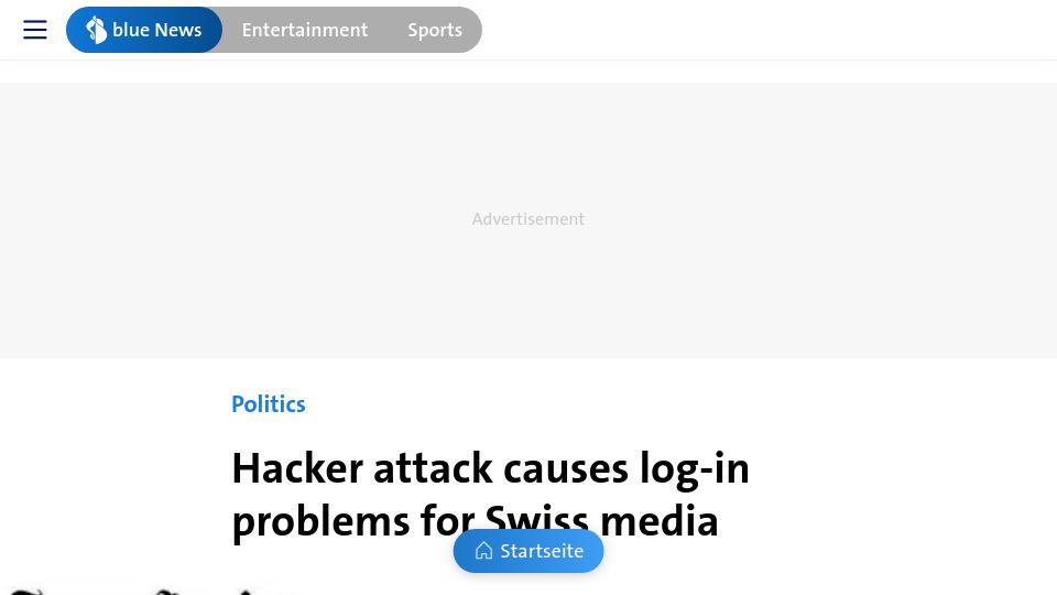 Screenshot of bluewin.ch: Hacker attack causes log-in problems for Swiss media