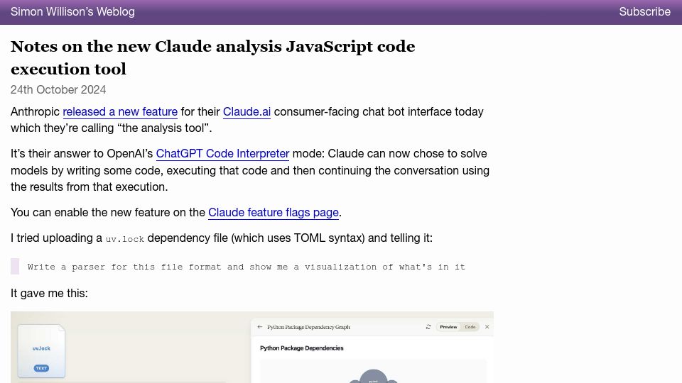 Screenshot of simonwillison.net: Notes on the new Claude analysis JavaScript code execution tool