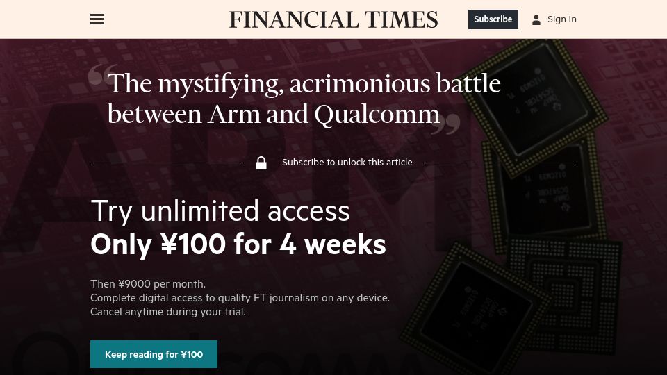 Screenshot of ft.com: The mystifying, acrimonious battle between Arm and Qualcomm