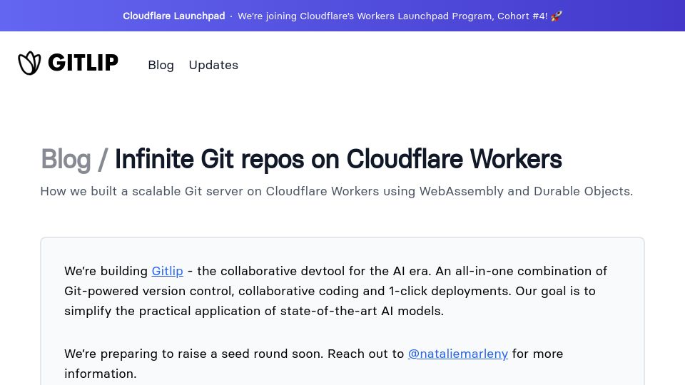 Screenshot of gitlip.com: Infinite Git repos on Cloudflare workers