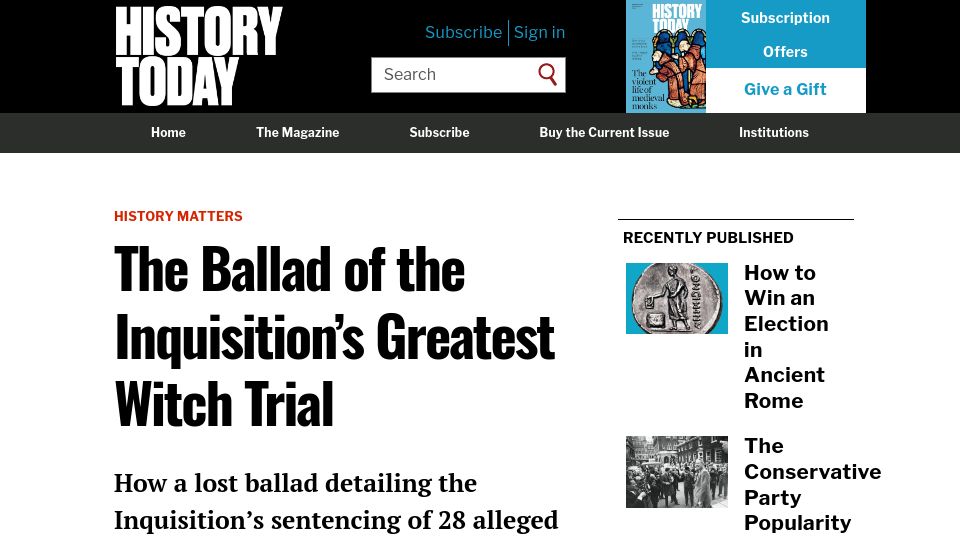 Screenshot of historytoday.com: The Ballad of the Inquisition's Greatest Witch Trial