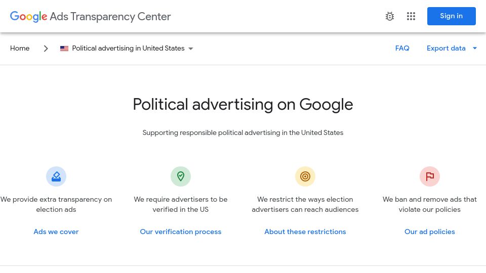 Screenshot of adstransparency.google.com: All political ads running on Google in the US