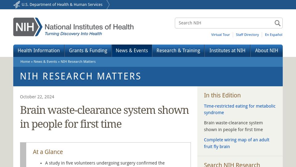 Screenshot of nih.gov: The brain's waste clearing lymphatic system shown in people for first time