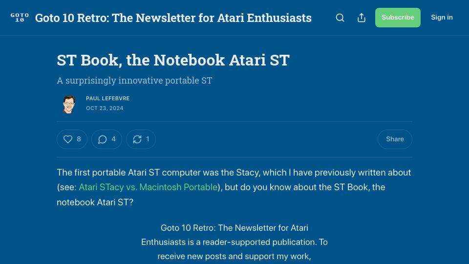 Screenshot of goto10retro.com: ST Book, the Notebook Atari ST