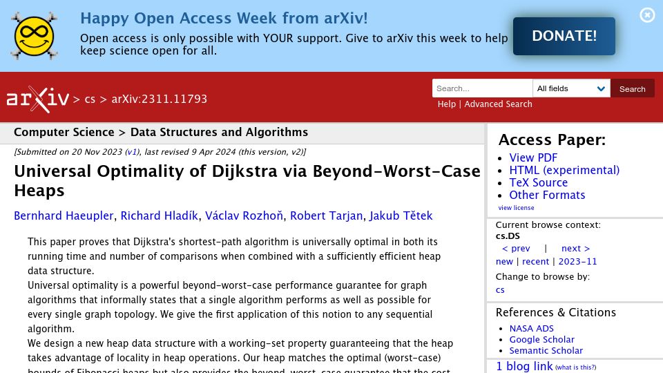 Screenshot of arxiv.org: Universal optimality of Dijkstra via beyond-worst-case heaps