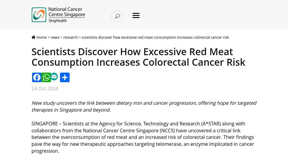 Screenshot of nccs.com.sg: How Excessive Red Meat Consumption Increases Colorectal Cancer Risk