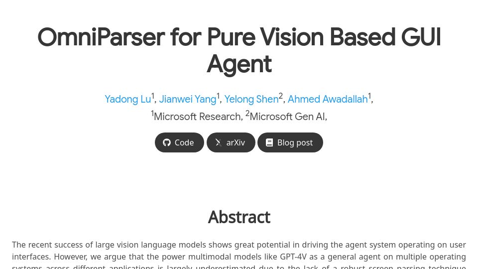 Screenshot of microsoft.github.io: OmniParser for Pure Vision Based GUI Agent