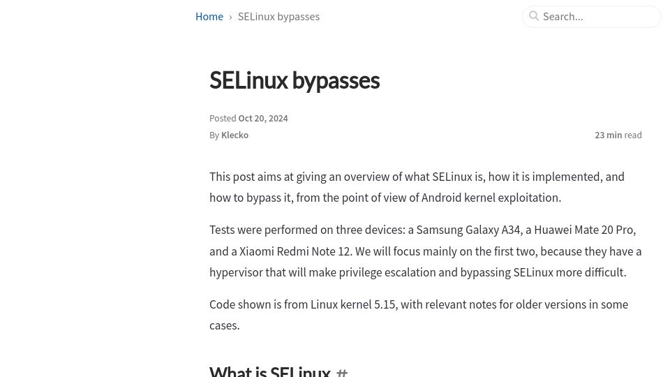 Screenshot of klecko.github.io: SELinux bypasses