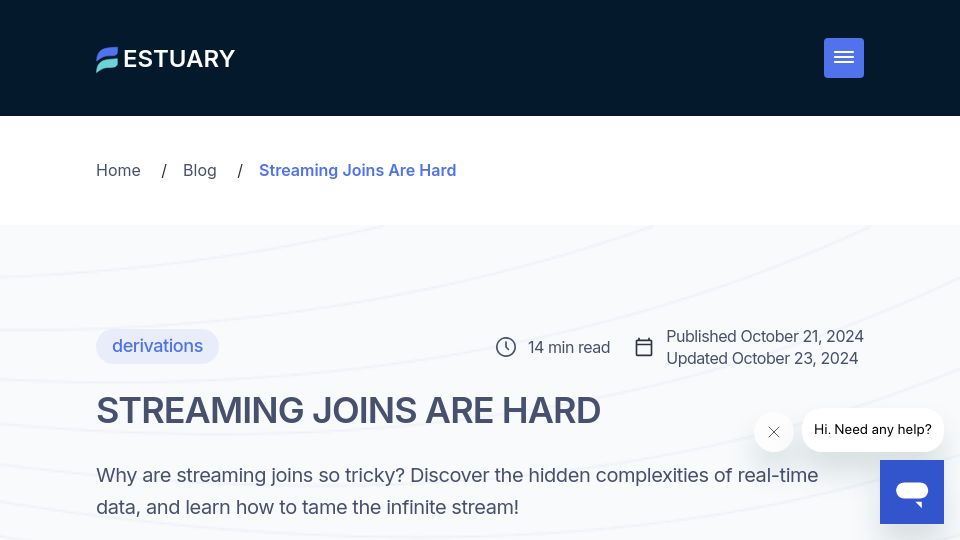 Screenshot of estuary.dev: Streaming joins are hard