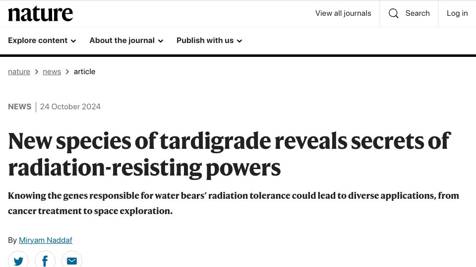 Screenshot of nature.com: New species of tardigrade reveals secrets of radiation-resisting powers