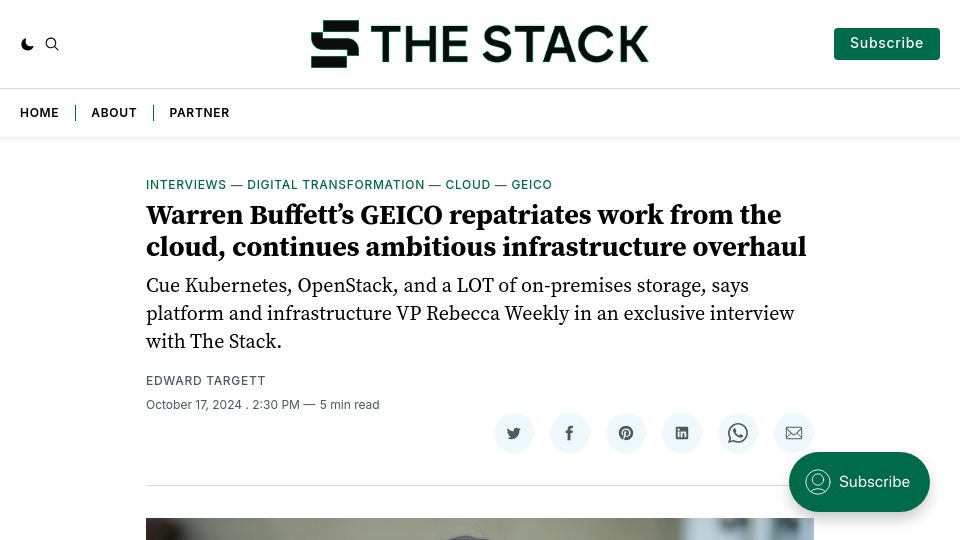 Screenshot of thestack.technology: Geico repatriates work from the cloud, continues ambitious infra overhaul