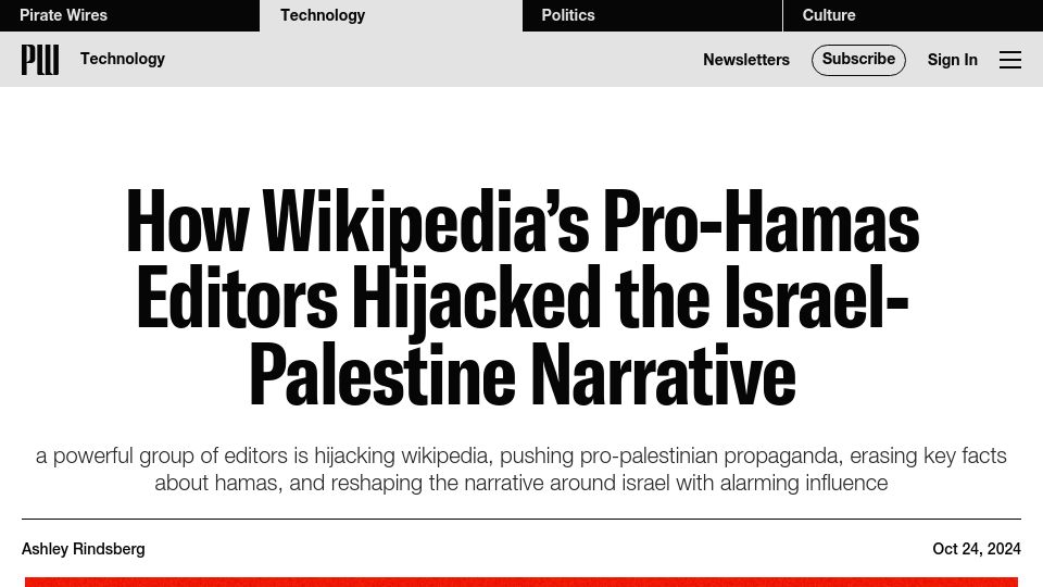 Screenshot of piratewires.com: Wikipedia's Pro-Hamas Editors Hijacked the Israel-Palestine Narrative
