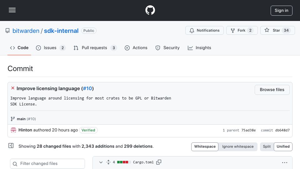 Screenshot of github.com: Bitwarden SDK relicensed from proprietary to GPLv3