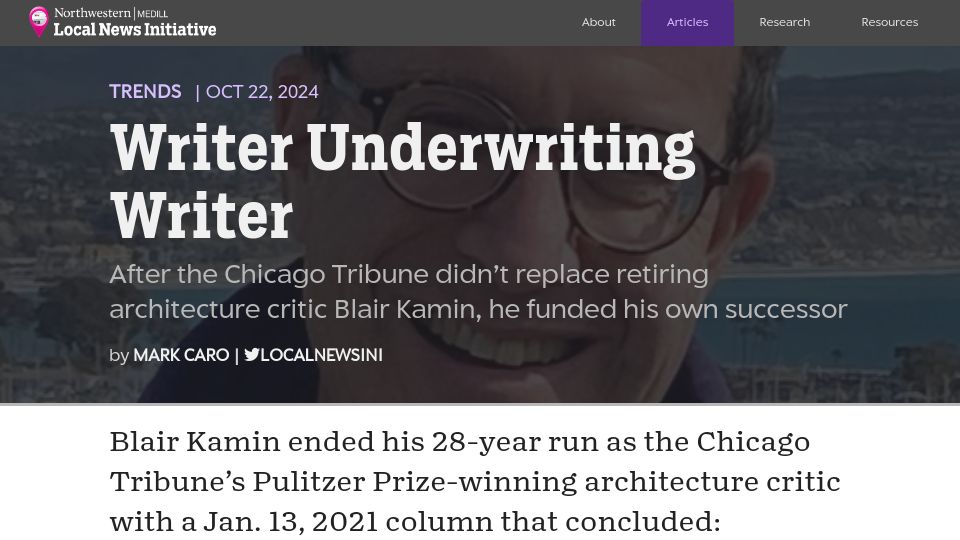 Screenshot of localnewsinitiative.northwestern.edu: Writer Underwriting Writer