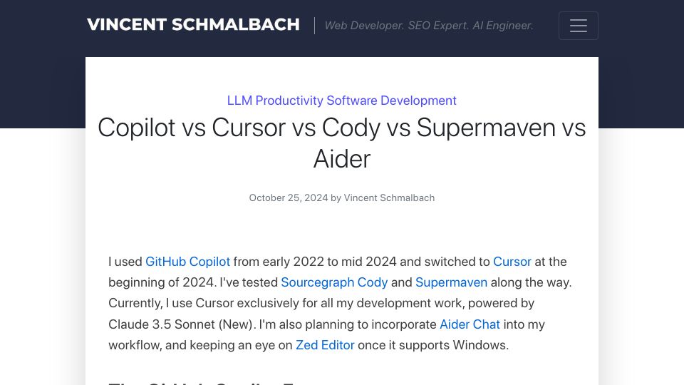 Screenshot of vincentschmalbach.com: Copilot vs. Cursor vs. Cody vs. Supermaven vs. Aider