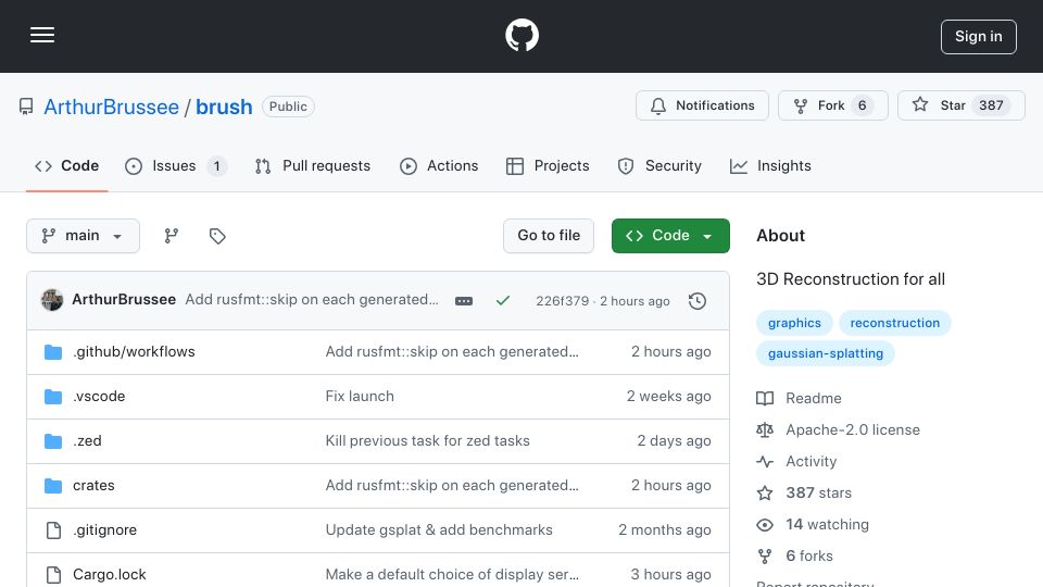 Screenshot of github.com: Brush – A new compatible Gaussian splatting engine