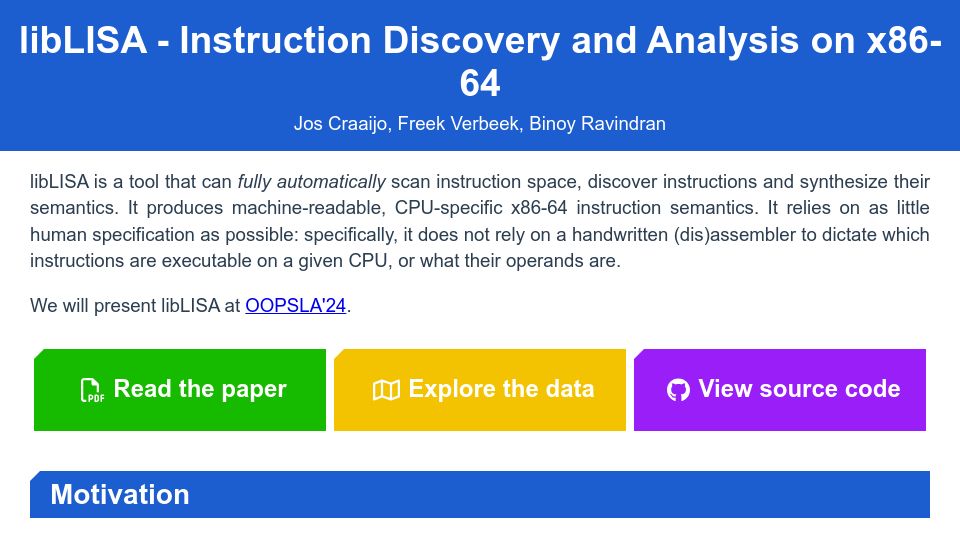 Screenshot of liblisa.nl: LibLISA – Instruction Discovery and Analysis on x86-64