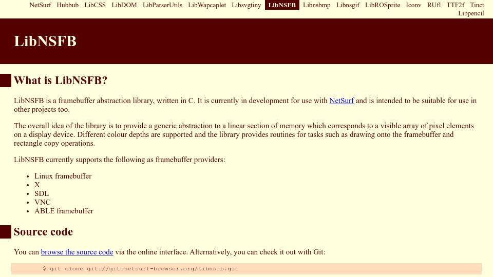 Screenshot of netsurf-browser.org: LibNSFB – Framebuffer (bitmap on screen) abstraction library, written in C