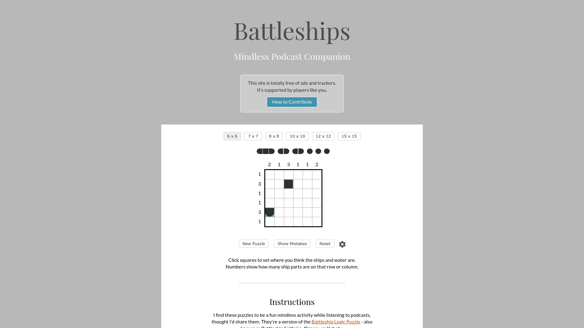 Screenshot of lukerissacher.com: Battleships Logic Puzzle