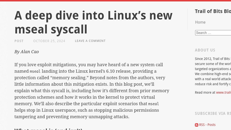 Screenshot of blog.trailofbits.com: A deep dive into Linux's new mseal syscall
