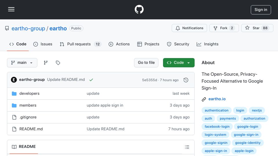 Screenshot of github.com: Eartho: Open-Source, Privacy-Focused Alternative to Google Sign-In