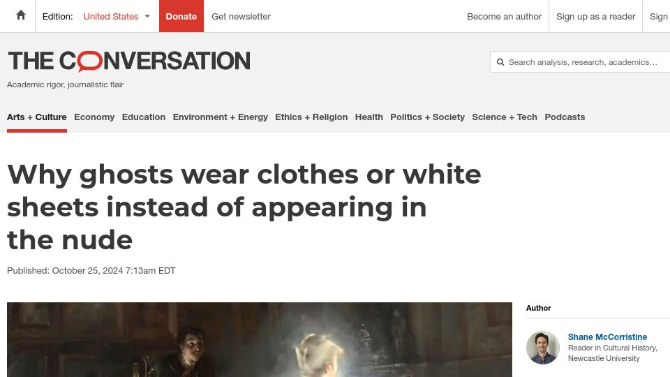 Screenshot of theconversation.com: Why ghosts wear clothes or white sheets