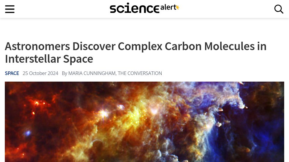 Screenshot of sciencealert.com: Astronomers discover complex carbon molecules in interstellar space