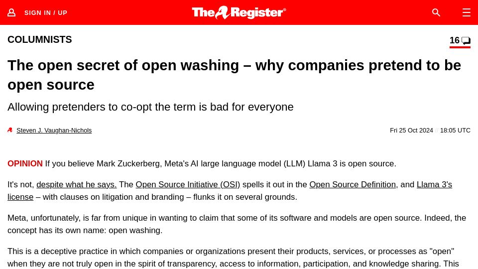 Screenshot of theregister.com: Open washing – why companies pretend to be open source