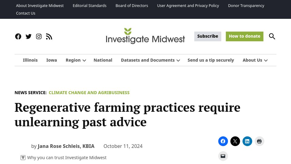 Screenshot of investigatemidwest.org: In the US, regenerative farming practices require unlearning past advice