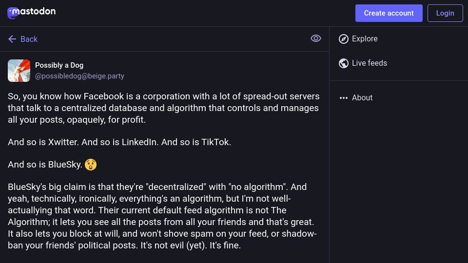 Screenshot of beige.party: Bluesky Is Not Decentralized