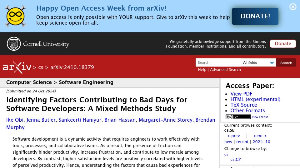Screenshot of arxiv.org: Identifying factors contributing to "bad days" for software developers