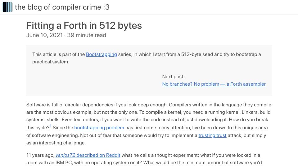 Screenshot of compilercrim.es: Fitting a Forth in 512 bytes (2021)