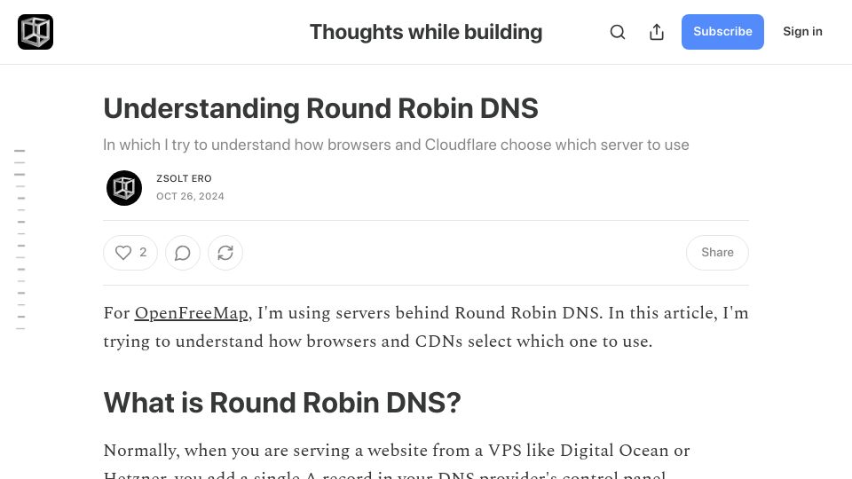 Screenshot of blog.hyperknot.com: Understanding Round Robin DNS