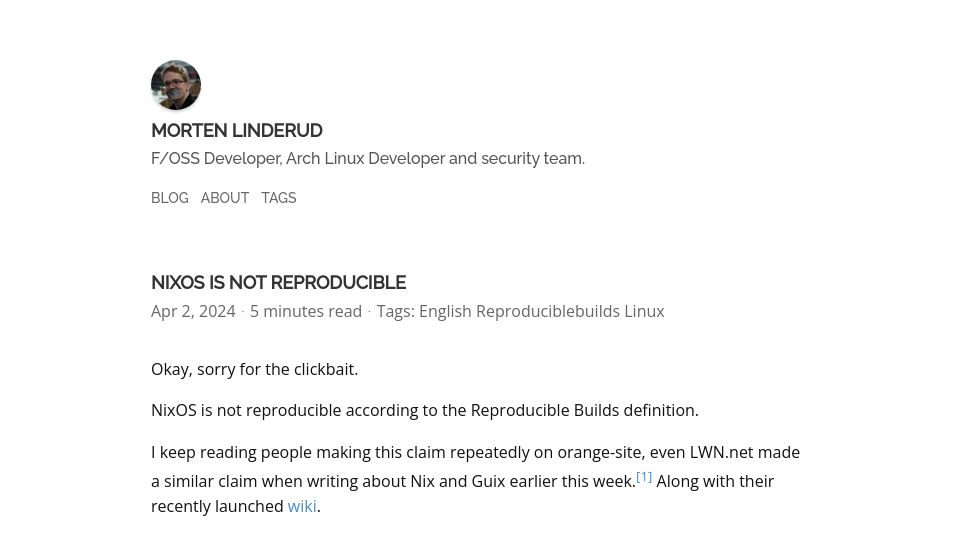 Screenshot of linderud.dev: NixOS Is Not Reproducible