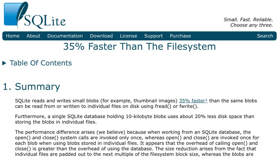 Screenshot of sqlite.org: 35% Faster Than the Filesystem (2017)