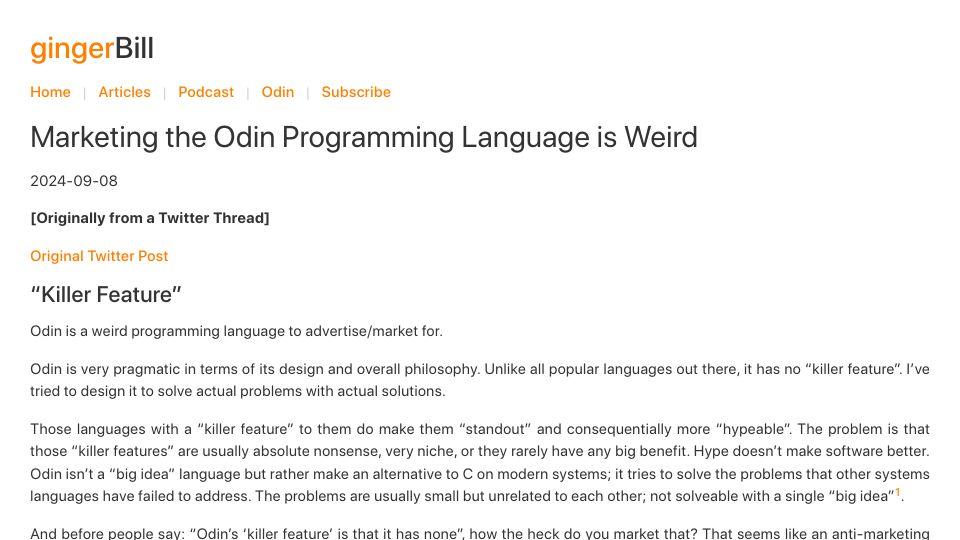 Screenshot of gingerbill.org: Marketing the Odin programming language is weird