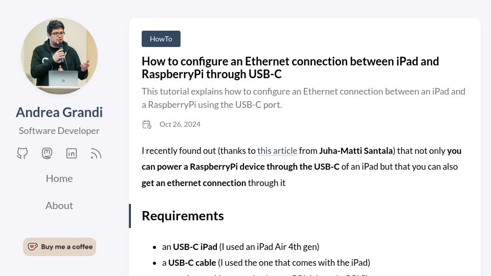 Screenshot of andreagrandi.it: How to configure an Ethernet connection between iPad and RaspberryPi with USB-C