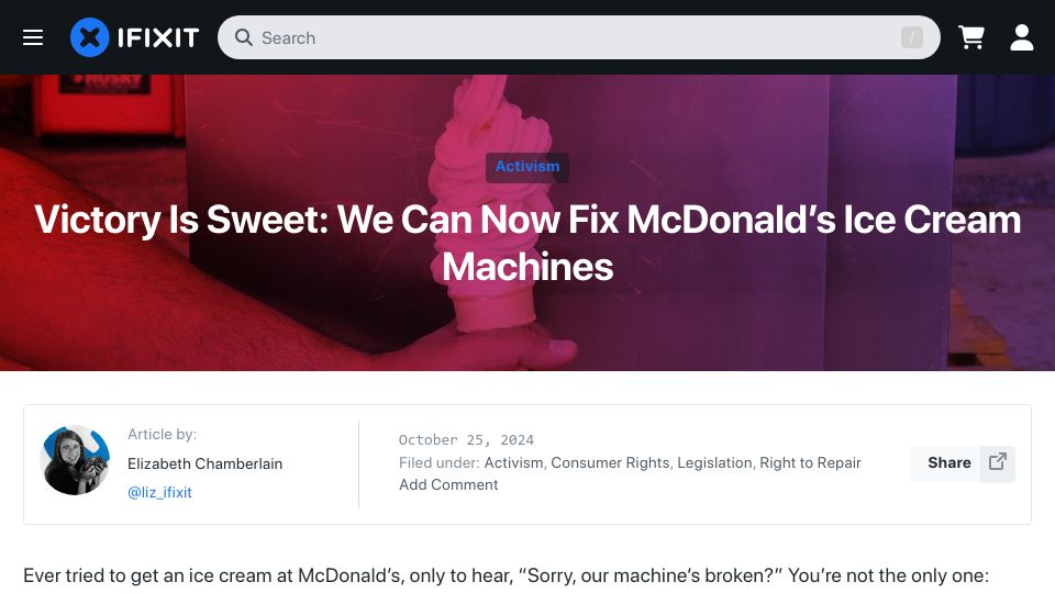 Screenshot of ifixit.com: We can now fix McDonald's ice cream machines