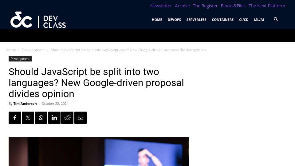 Screenshot of devclass.com: Should JavaScript be split into two languages?