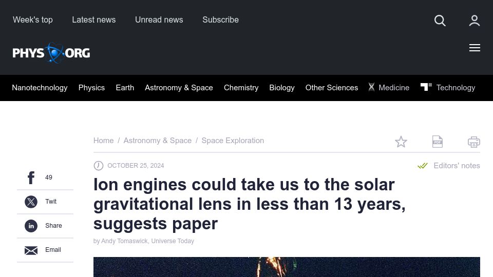 Screenshot of phys.org: Ion engines could take us to the solar gravitational lens in less than 13 years